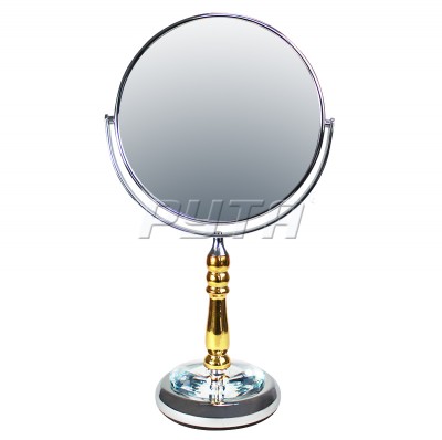 211516 Зеркало круглое двустороннее на золотистой ножке, круглая платформа с декоративной накладкой (d-200 mm)